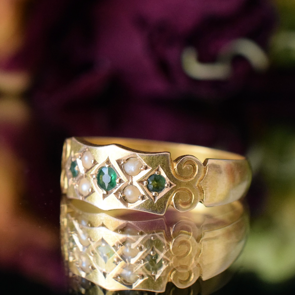Antique Australian 15ct Gold Green Tourmaline And Pearl Ring By Willis And Sons Circa 1910