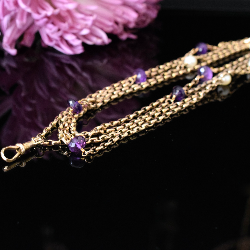Antique Late Victorian / Edwardian 9ct Rose Gold Amethyst And Pearl Long Guard Chain Circa 1900