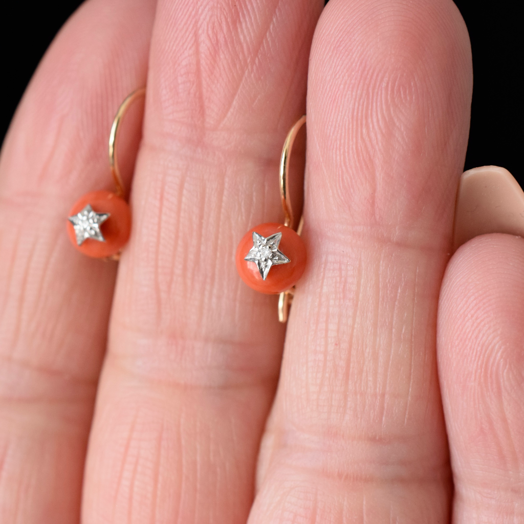 Modern 9ct Yellow Gold Coral Diamond Earrings