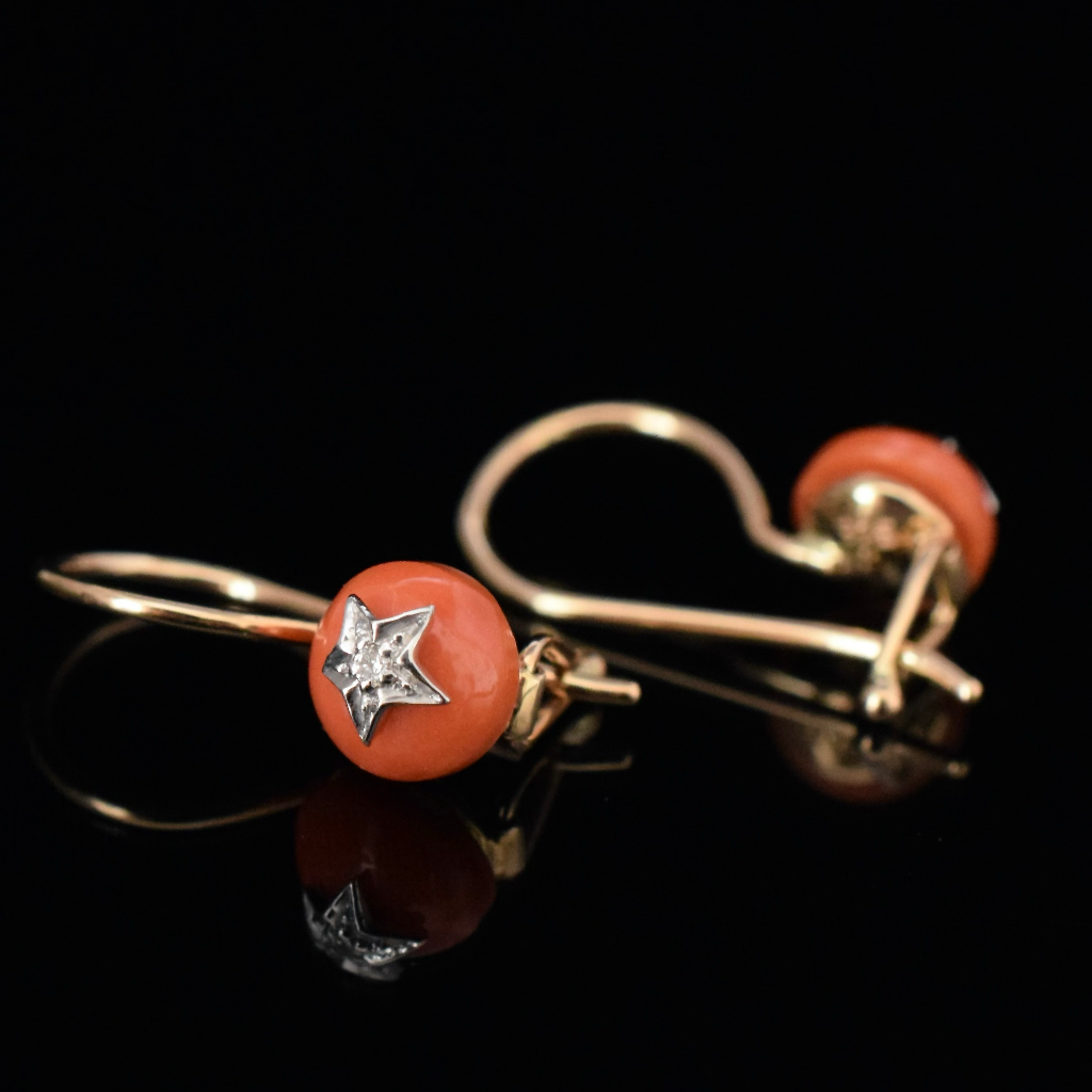 Modern 9ct Yellow Gold Coral Diamond Earrings
