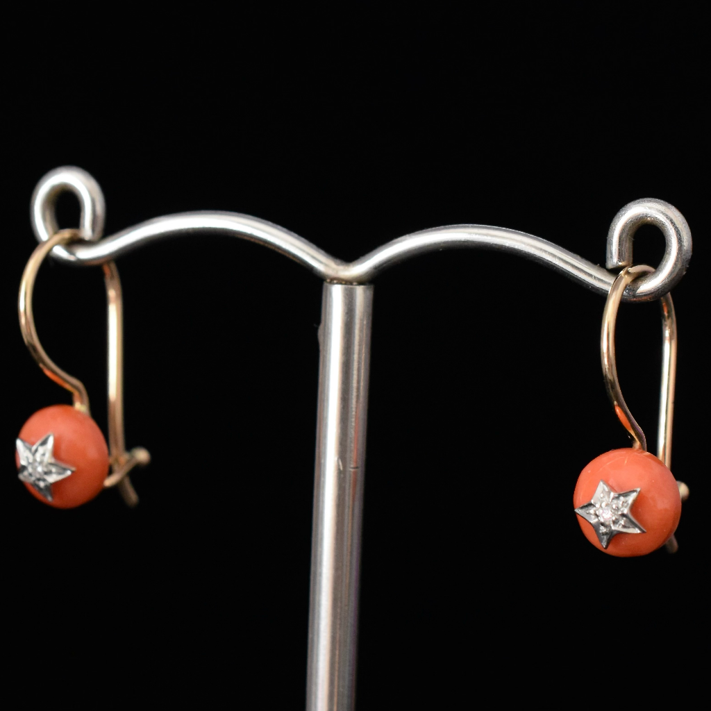 Modern 9ct Yellow Gold Coral Diamond Earrings