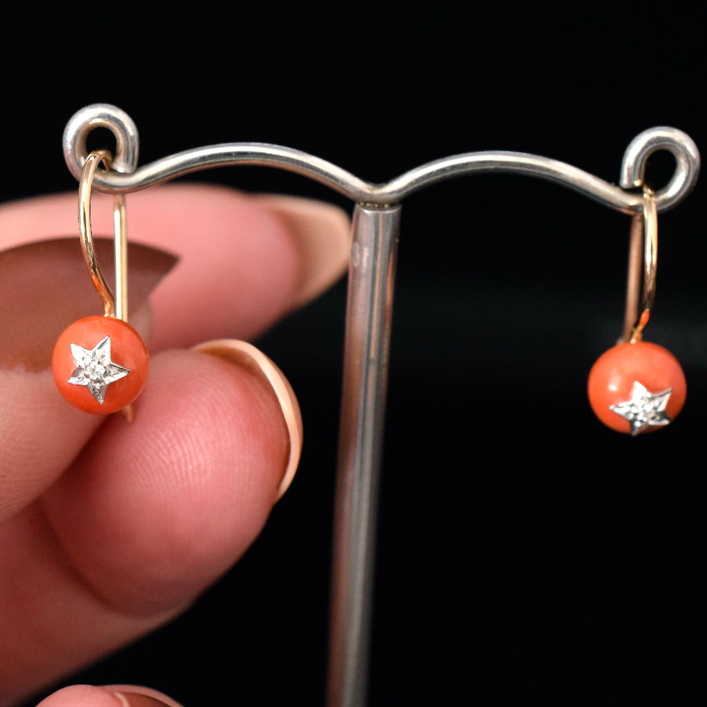 Modern 9ct Yellow Gold Coral Diamond Earrings