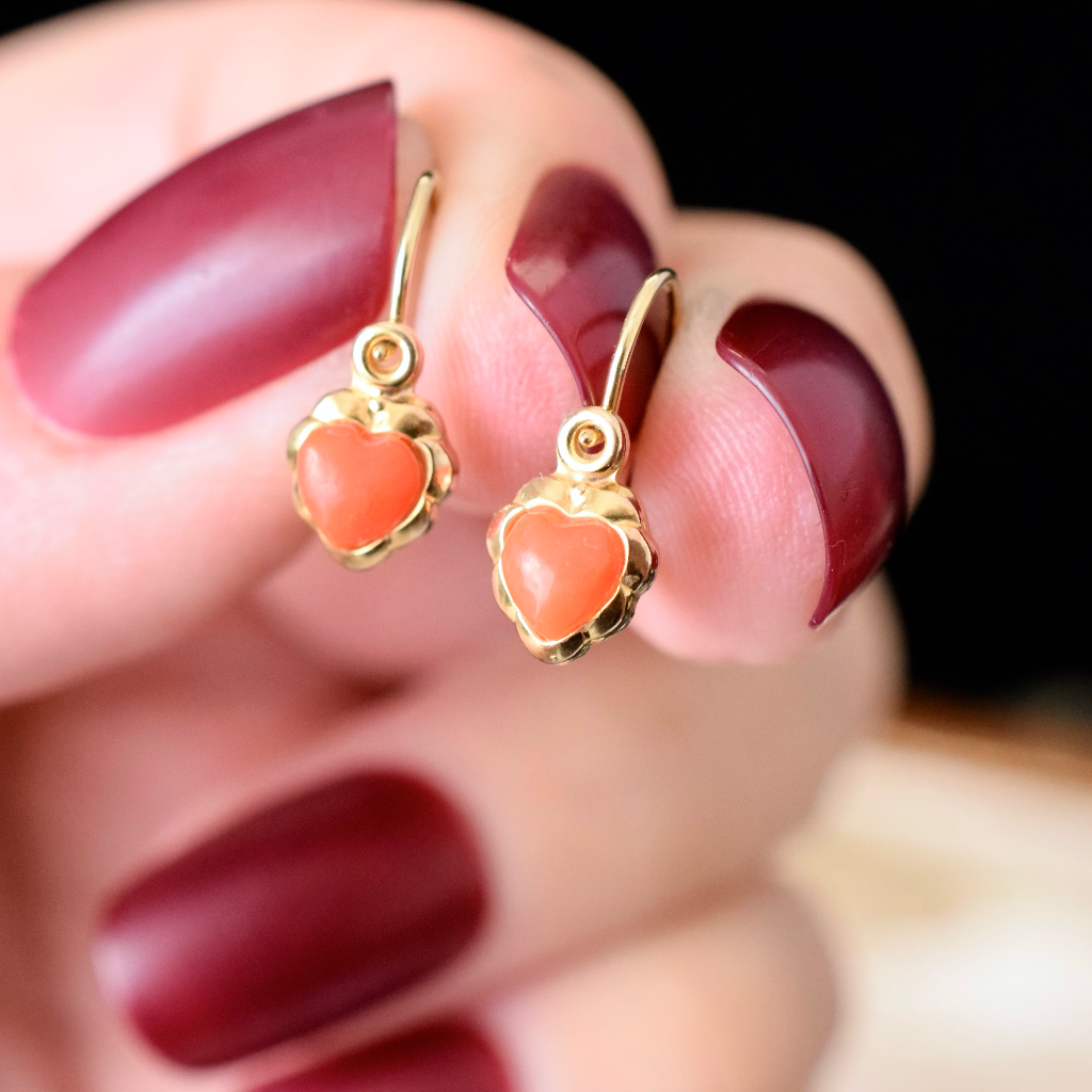 Vintage Tiny 8ct Yellow Gold (German) Coral Heart Earrings