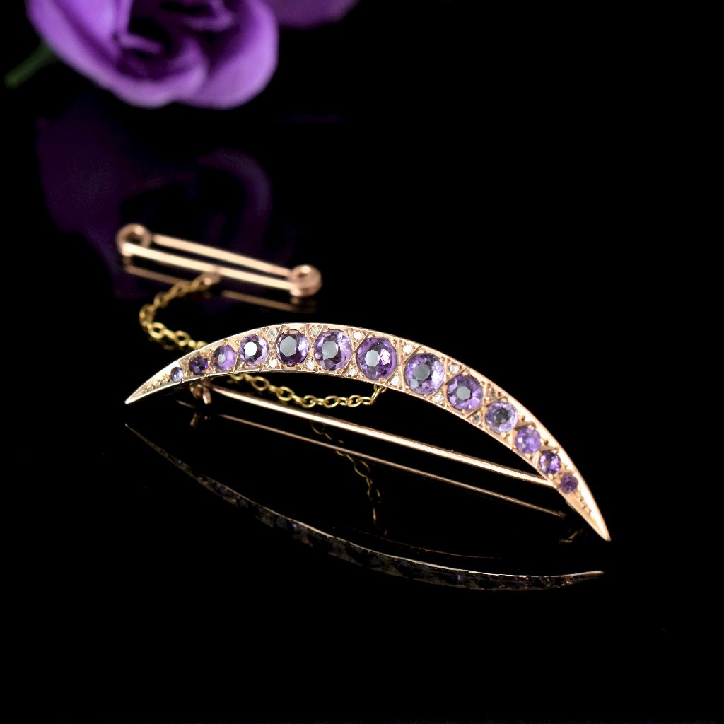Antique 9ct Rose Gold Amethyst Diamond Crescent Brooch ‘Chester’ 1911