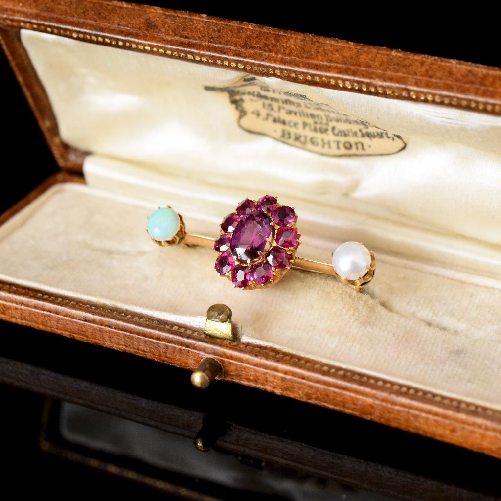 Antique 18ct Yellow Gold Amethyst/Garnet/Opal/Pearl Bar Brooch Independent Valuation Included In Purchase for $2000 AUD