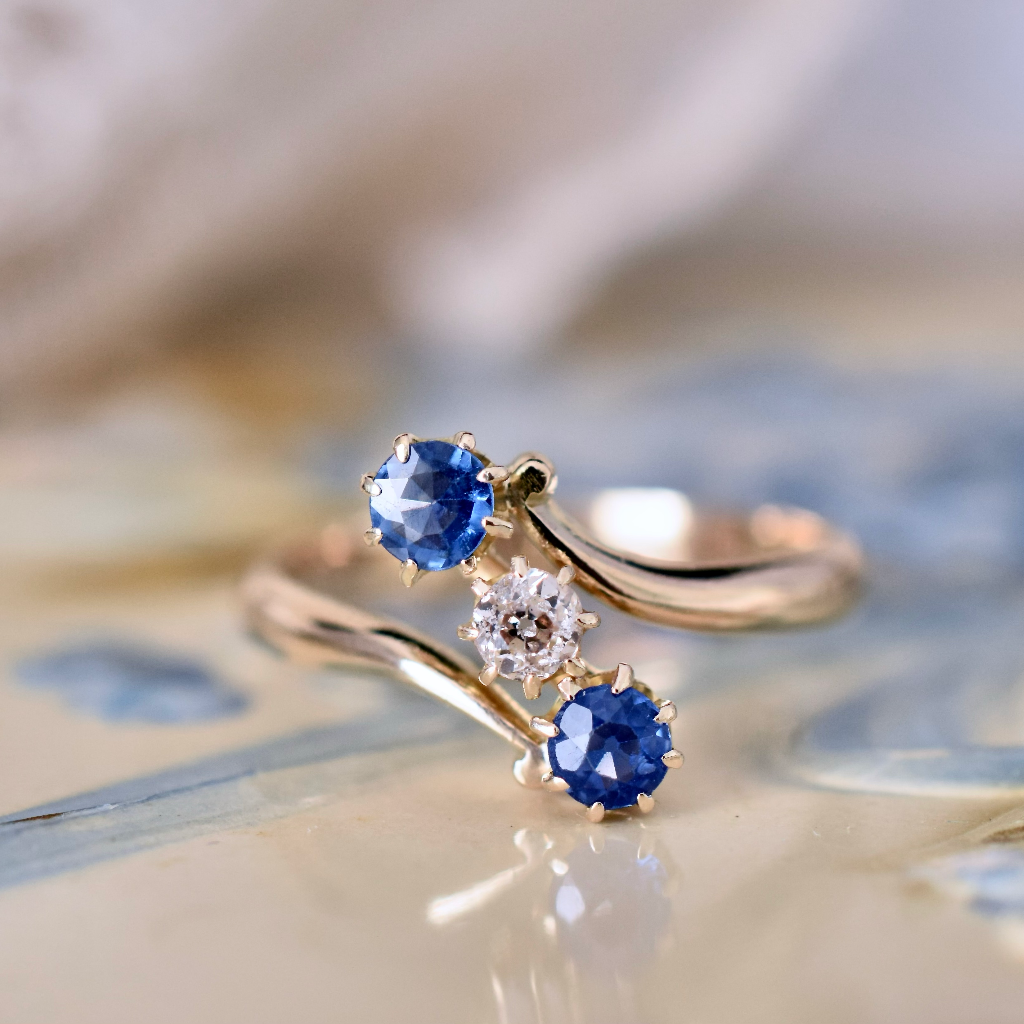Early Australian Antique Edwardian Era 18ct Gold Sapphire And Diamond Trilogy Ring By A.Benjamin