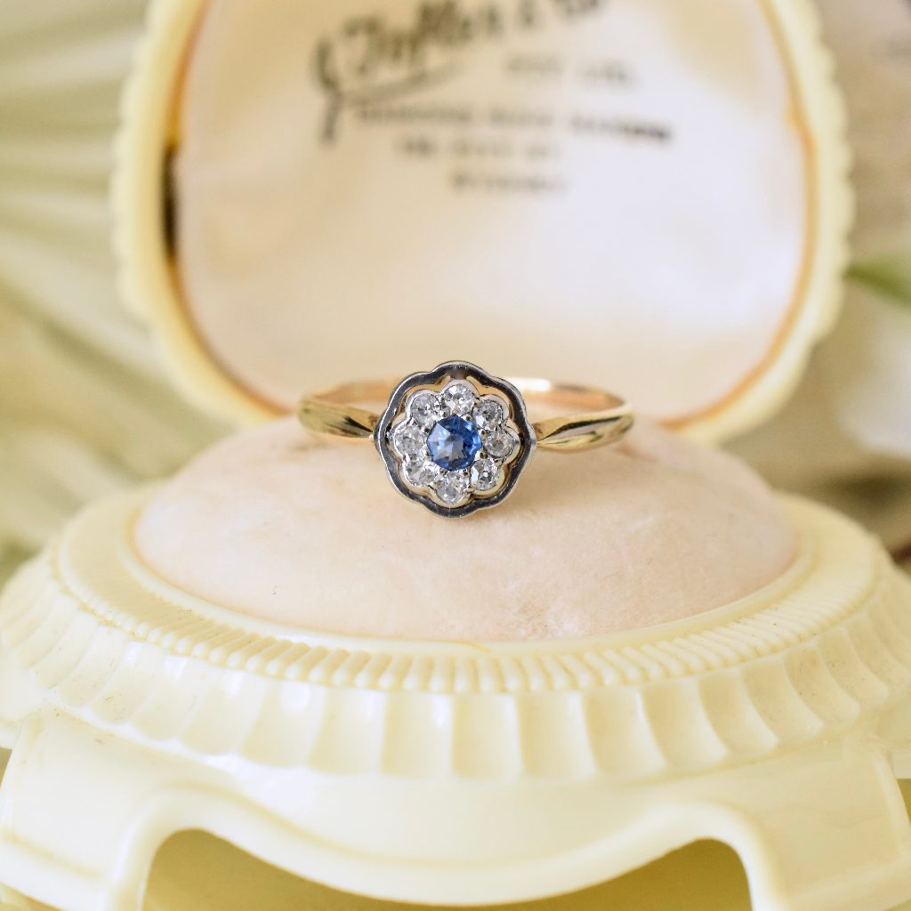 Vintage Art Deco Era 18ct Yellow Gold Sapphire And Diamond Daisy Ring Independent Insurance Valuation Included $3,000 AUD