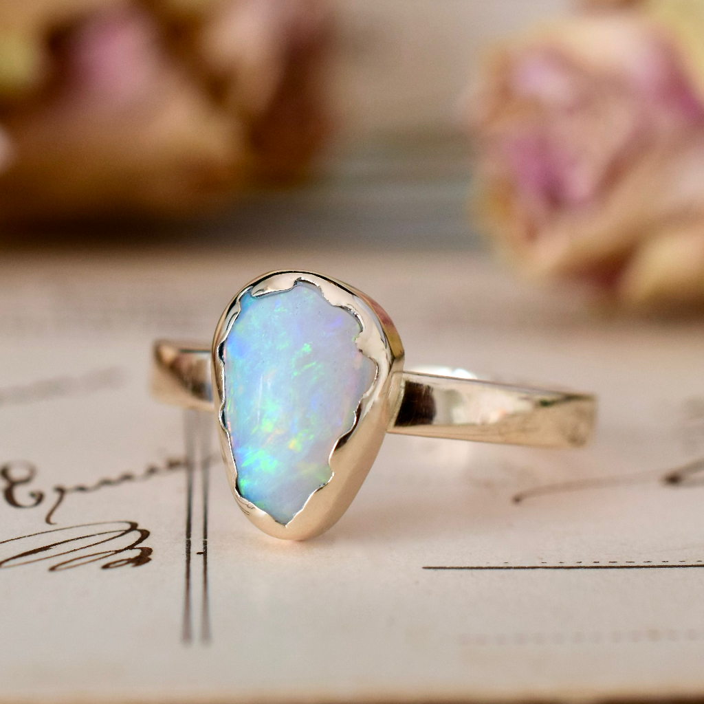 Modern 9ct Rose Gold Free Form Natural White Crystal Opal Ring