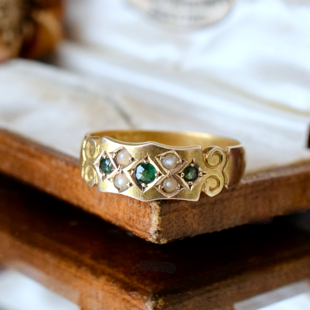 Antique Australian 15ct Gold Green Tourmaline And Pearl Ring By Willis And Sons Circa 1910