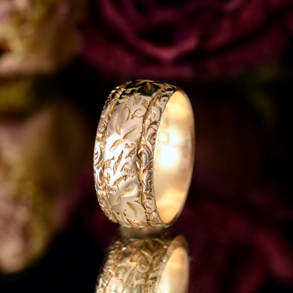 Antique 18ct Rose Gold Wide ‘Ivy Pattern’ Ring By Kinsey Brothers & Patrick - Birmingham 1904