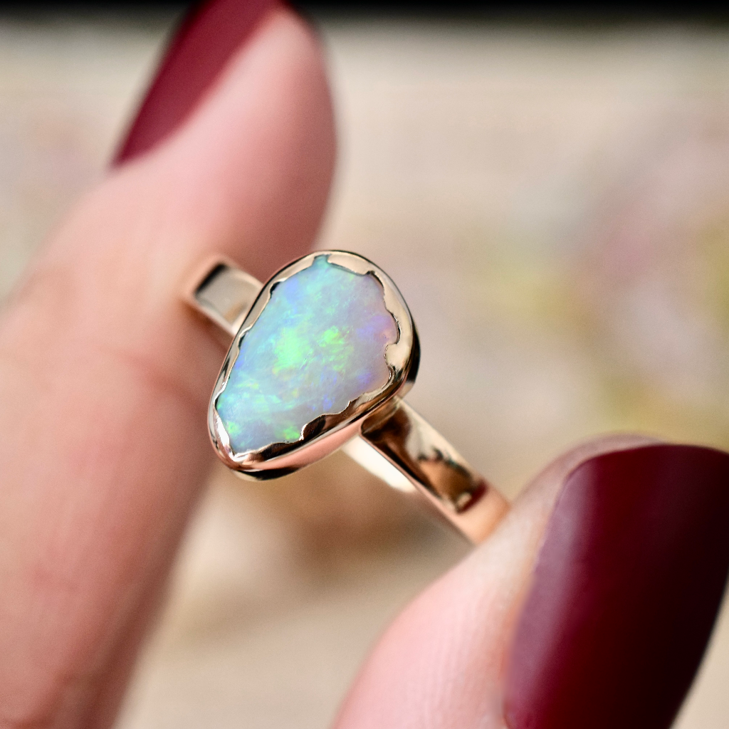 Modern 9ct Rose Gold Free Form Natural White Crystal Opal Ring