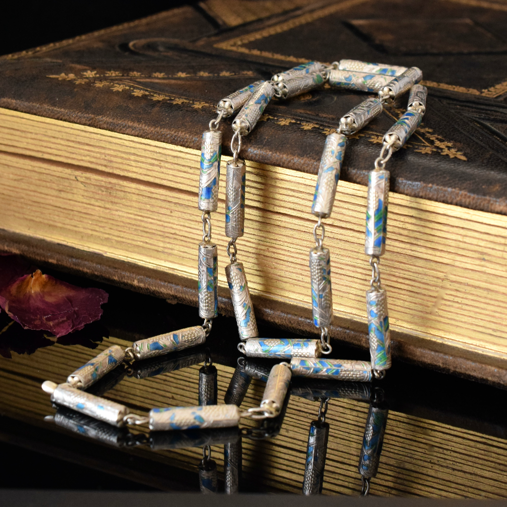 Vintage Sterling Silver And Cloisonné Long Chain 80cm
