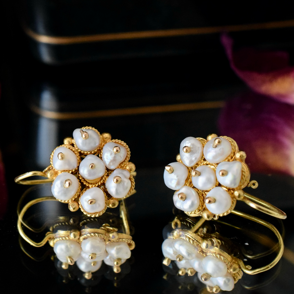 Vintage 12ct Yellow Gold Pearl Cluster Earrings
