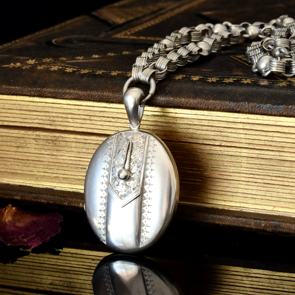 Antique Victorian Sterling Silver Locket And Chain Circa 1890