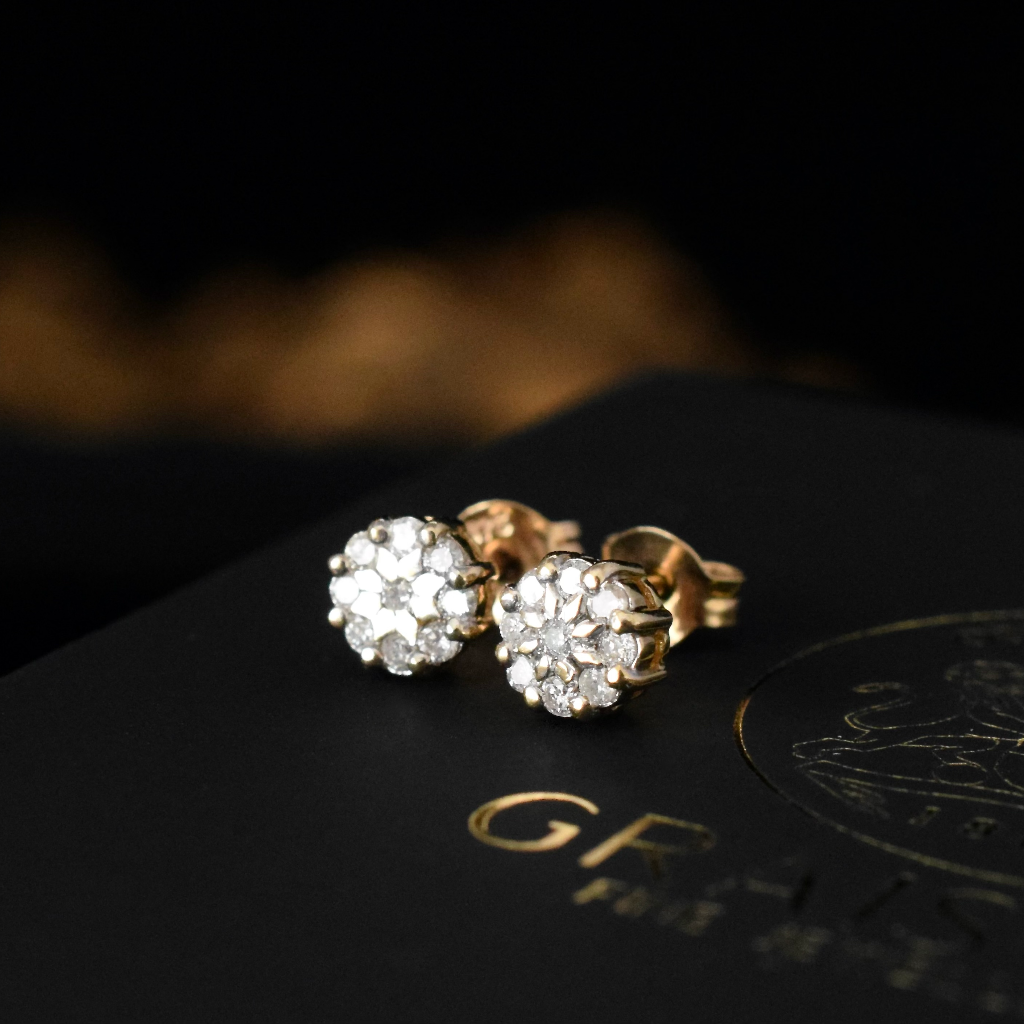 Modern 9ct Yellow Gold Dainty Diamond Cluster Stud Earrings
