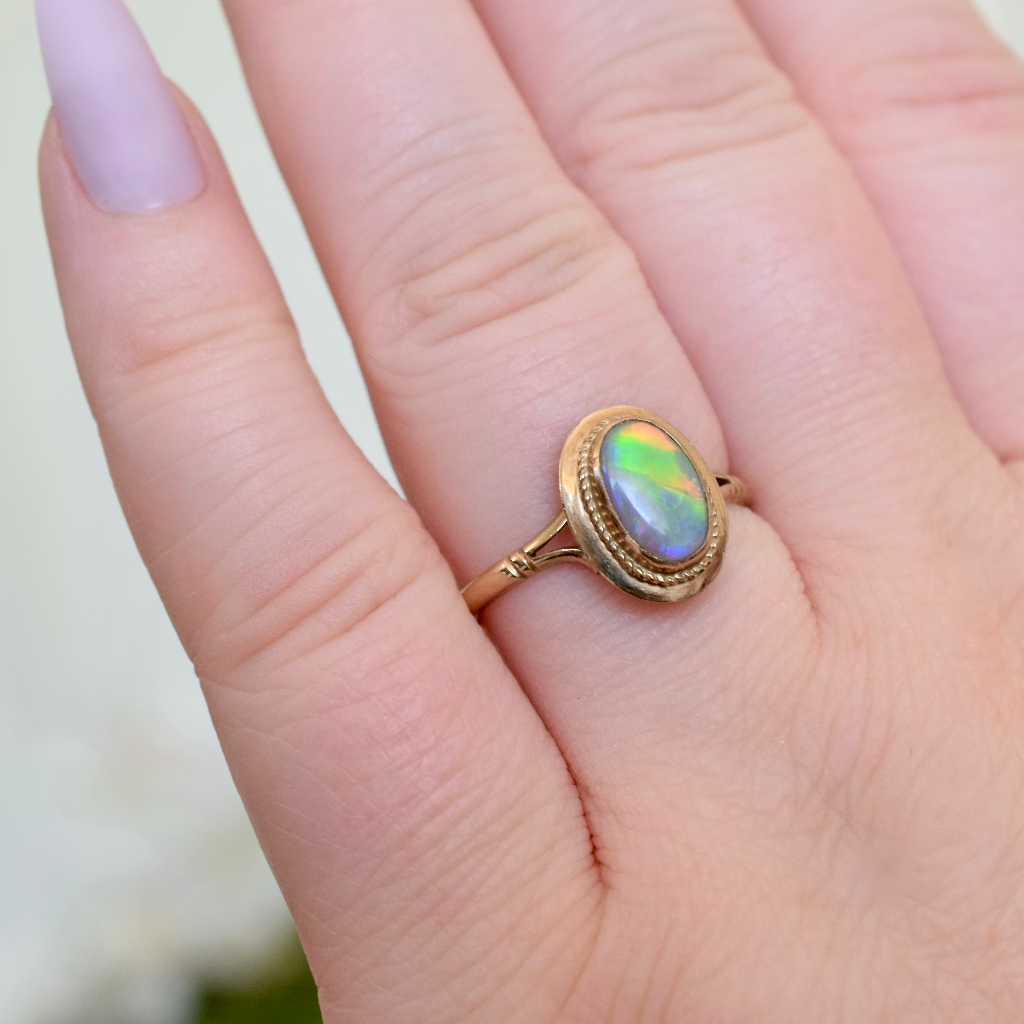 Vintage 9ct Yellow Gold And Solid White Opal Ring - Birmingham 1983
