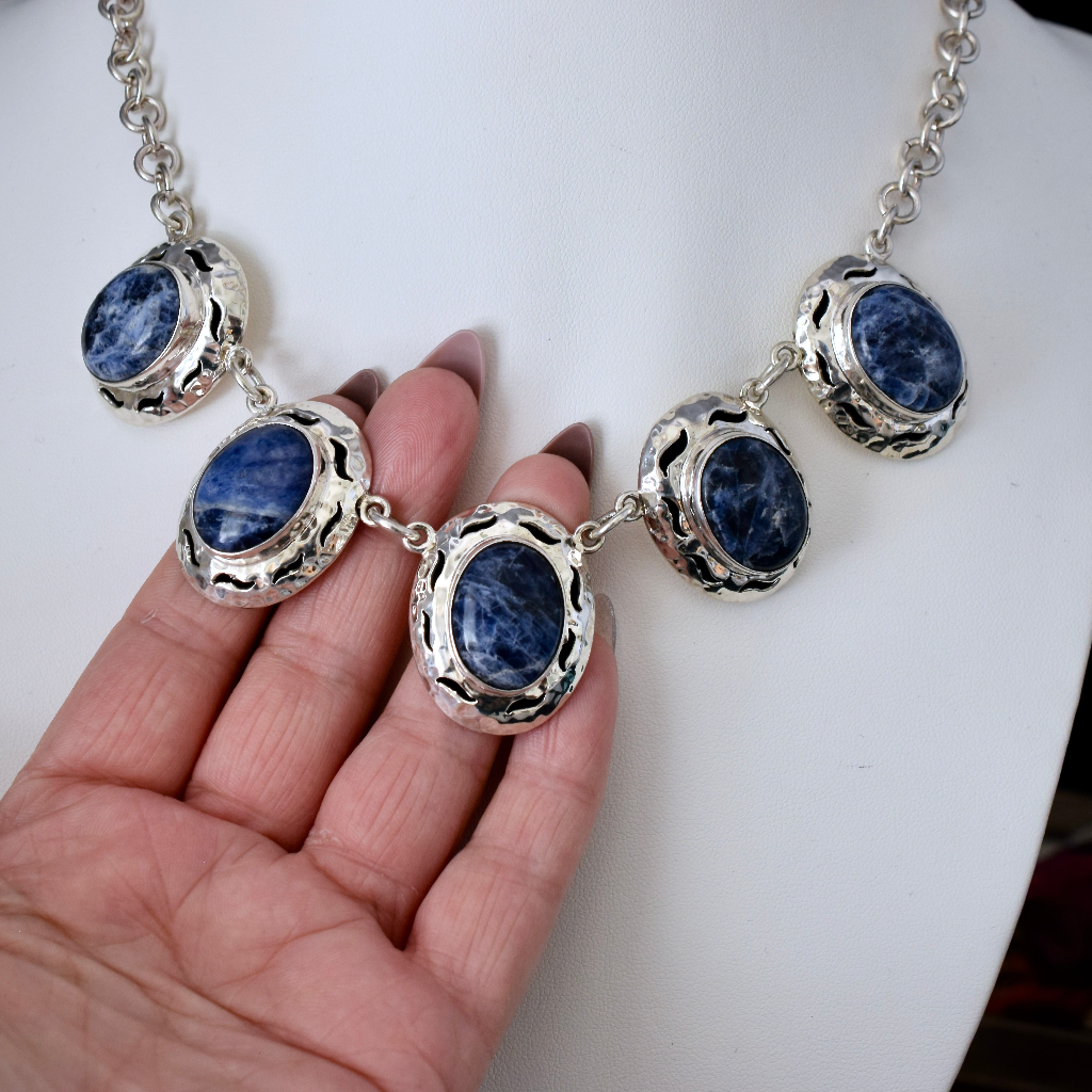 Modern Sterling Silver And Sodalite Matching Necklace And Bracelet Set