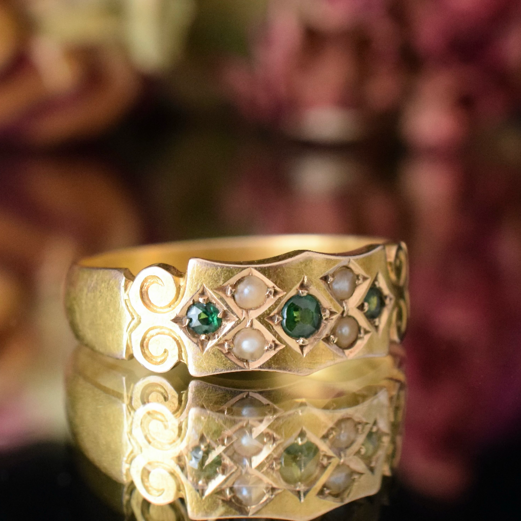 Antique Australian 15ct Gold Green Tourmaline And Pearl Ring By Willis And Sons Circa 1910