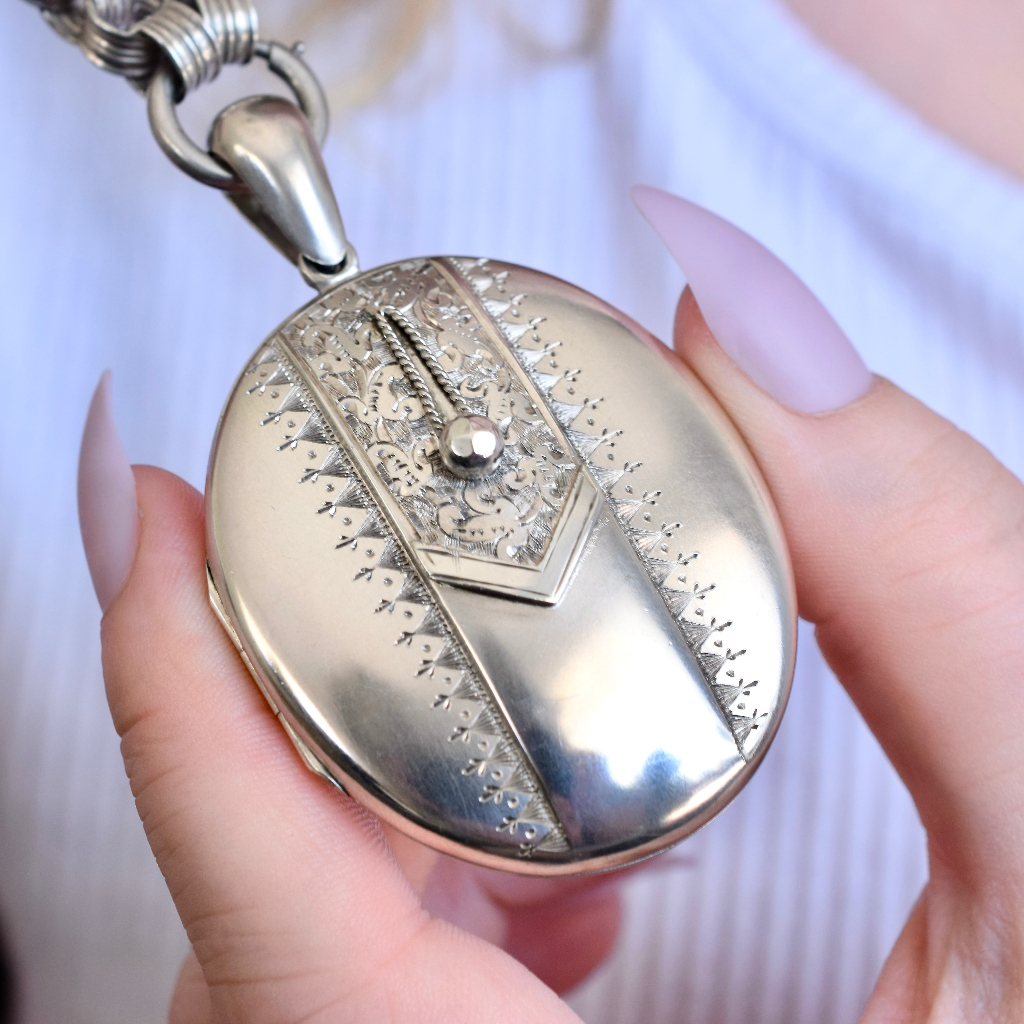 Antique Victorian Sterling Silver Locket And Chain Circa 1890