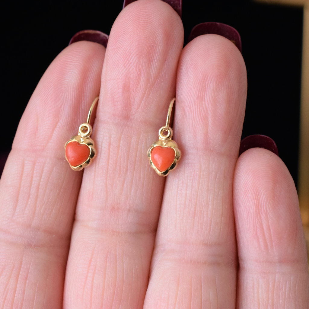 Vintage Tiny 8ct Yellow Gold (German) Coral Heart Earrings