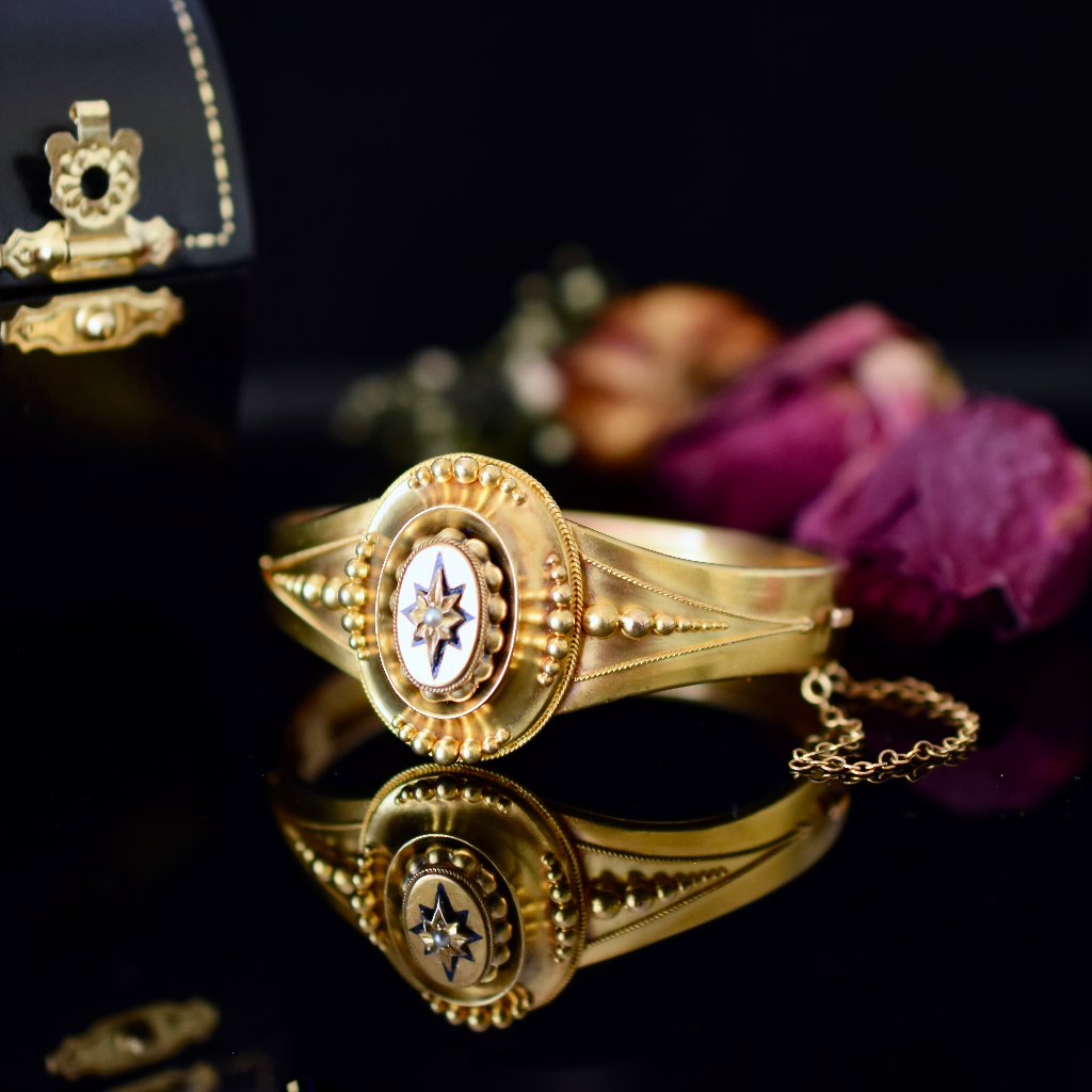 Antique Victorian 15ct Yellow Gold Starburst Pearl And Enamel Locket Bangle Circa 1880