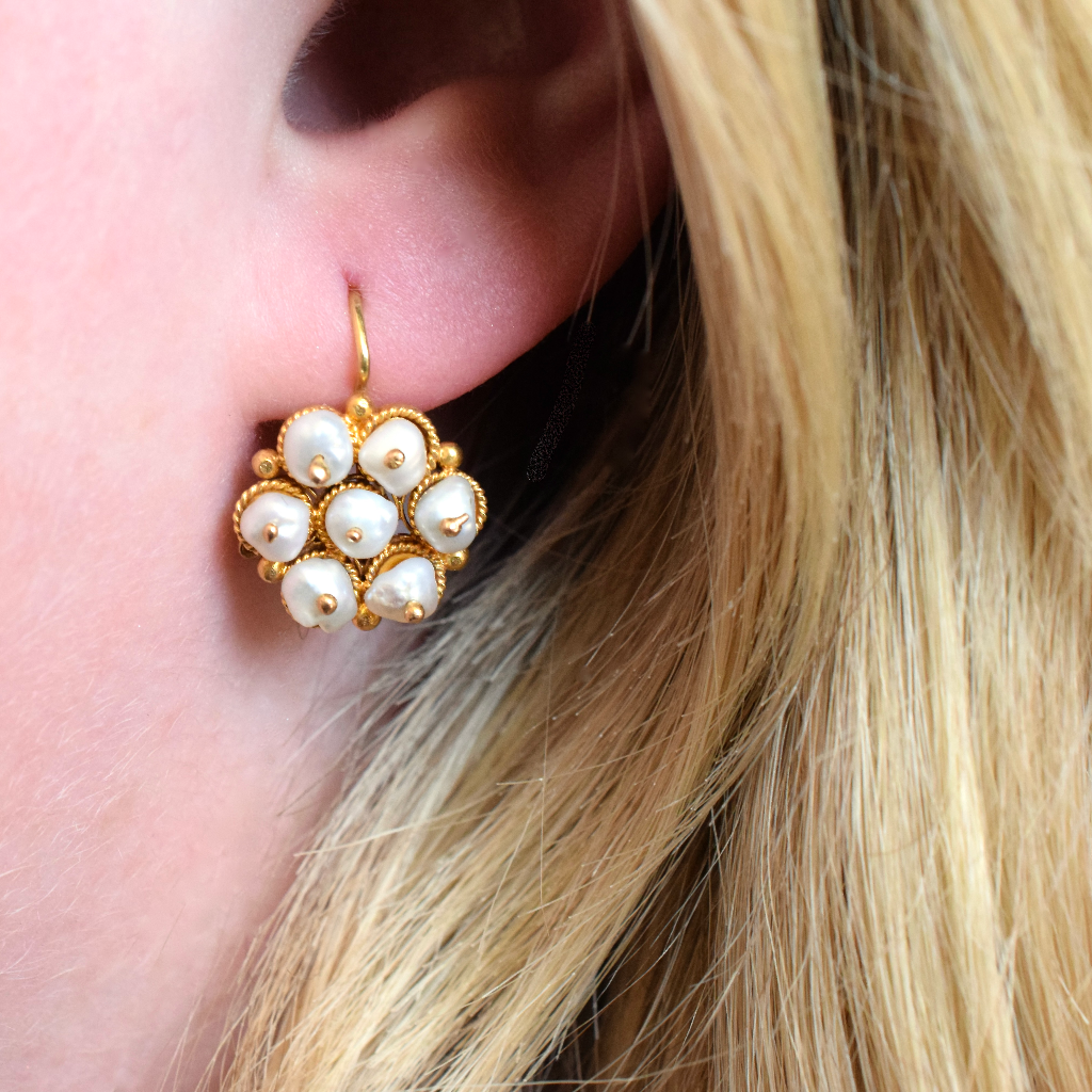 Vintage 12ct Yellow Gold Pearl Cluster Earrings