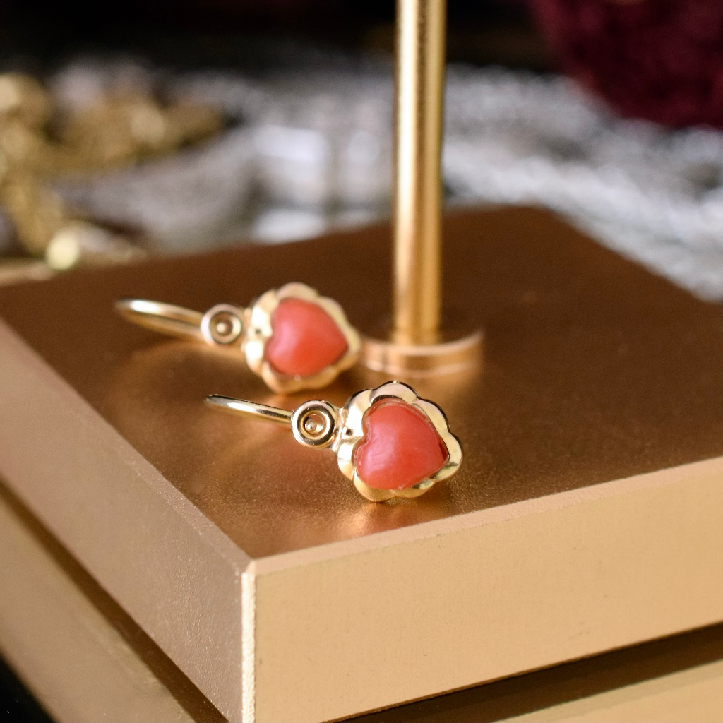 Vintage Tiny 8ct Yellow Gold (German) Coral Heart Earrings