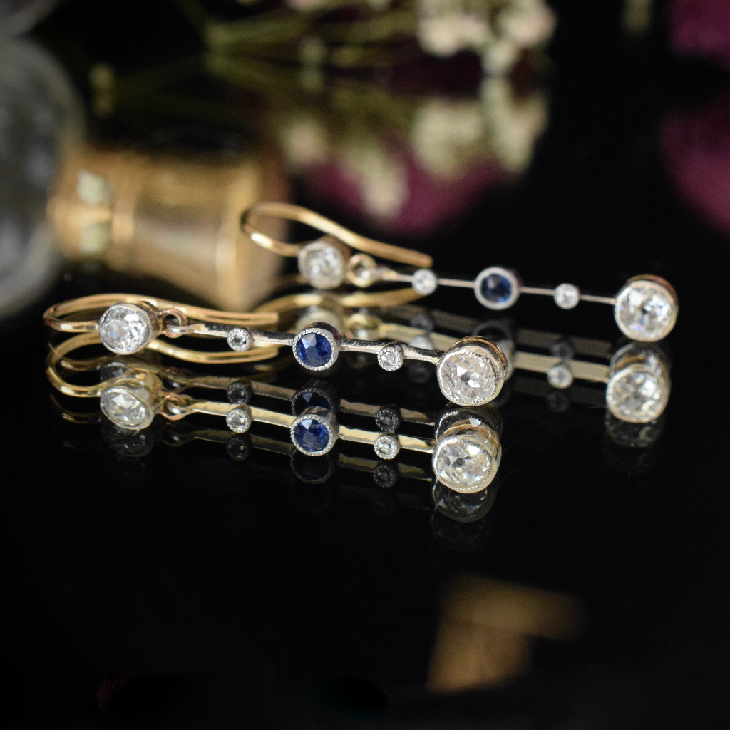 Antique 18ct Yellow And White Gold Diamond and Sapphire Earrings Circa 1900 (Independent Insurance Valuation Included For $4,850 AUD