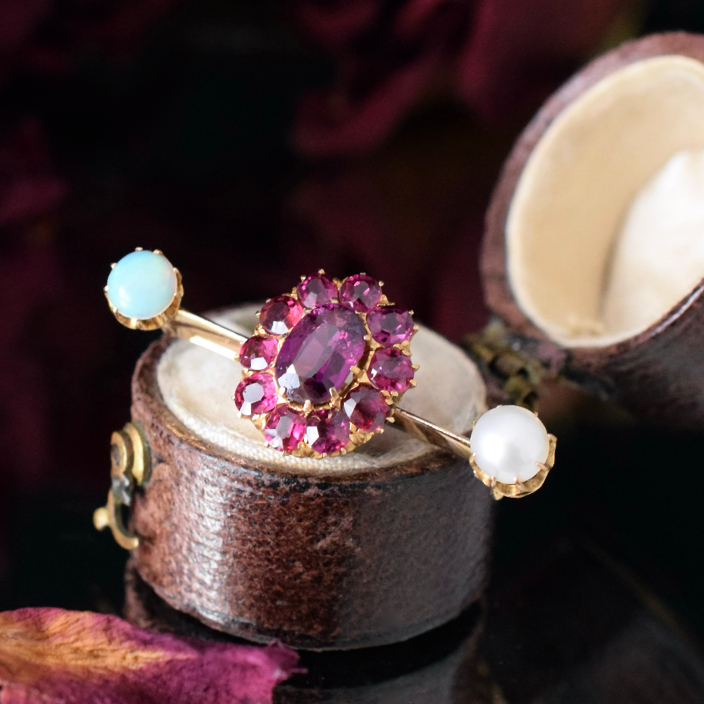 Antique 18ct Yellow Gold Amethyst/Garnet/Opal/Pearl Bar Brooch Independent Valuation Included In Purchase for $2000 AUD