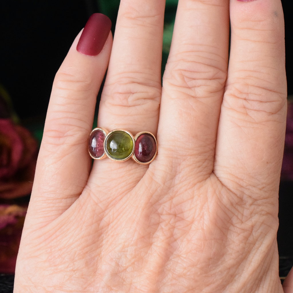 Modern 9ct Yellow Gold Green And Red Tourmaline Cabochon Ring