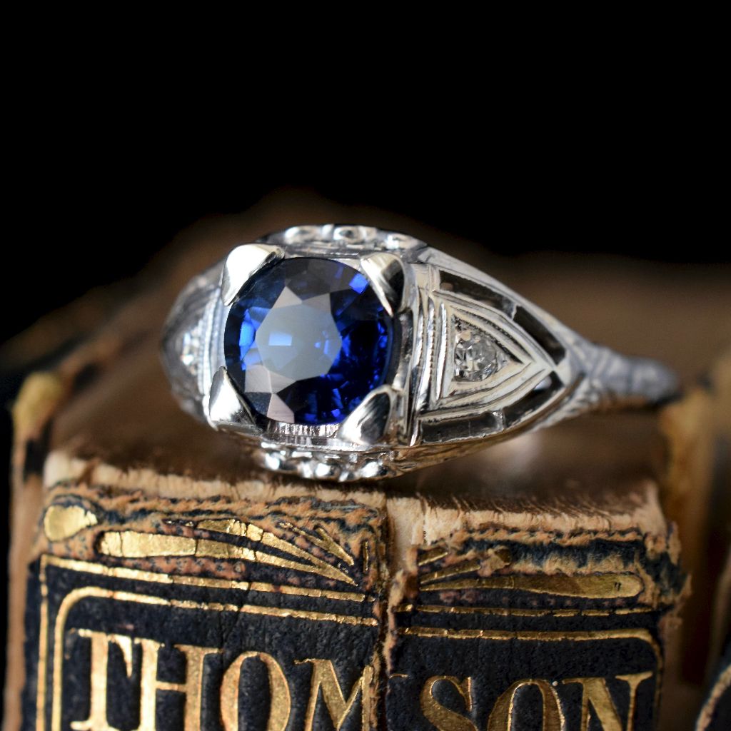 Antique Art Deco 14ct White Gold Natural Sapphire Diamond Ring (Independent valuation included with purchase $6,700)