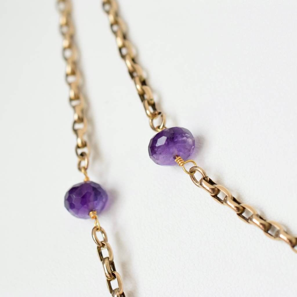 Antique Late Victorian / Edwardian 9ct Rose Gold Amethyst And Pearl Long Guard Chain Circa 1900