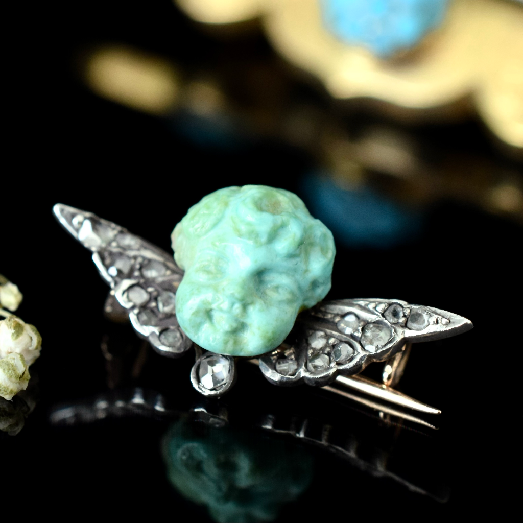 Antique Early Victorian Winged Diamond And Turquoise Cherub Brooch Circa 1850/60’s
