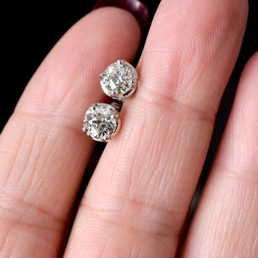 Modern 18ct White Gold ‘Old Mine Cut’ Diamond Solitaire Earrings - 1.12ct