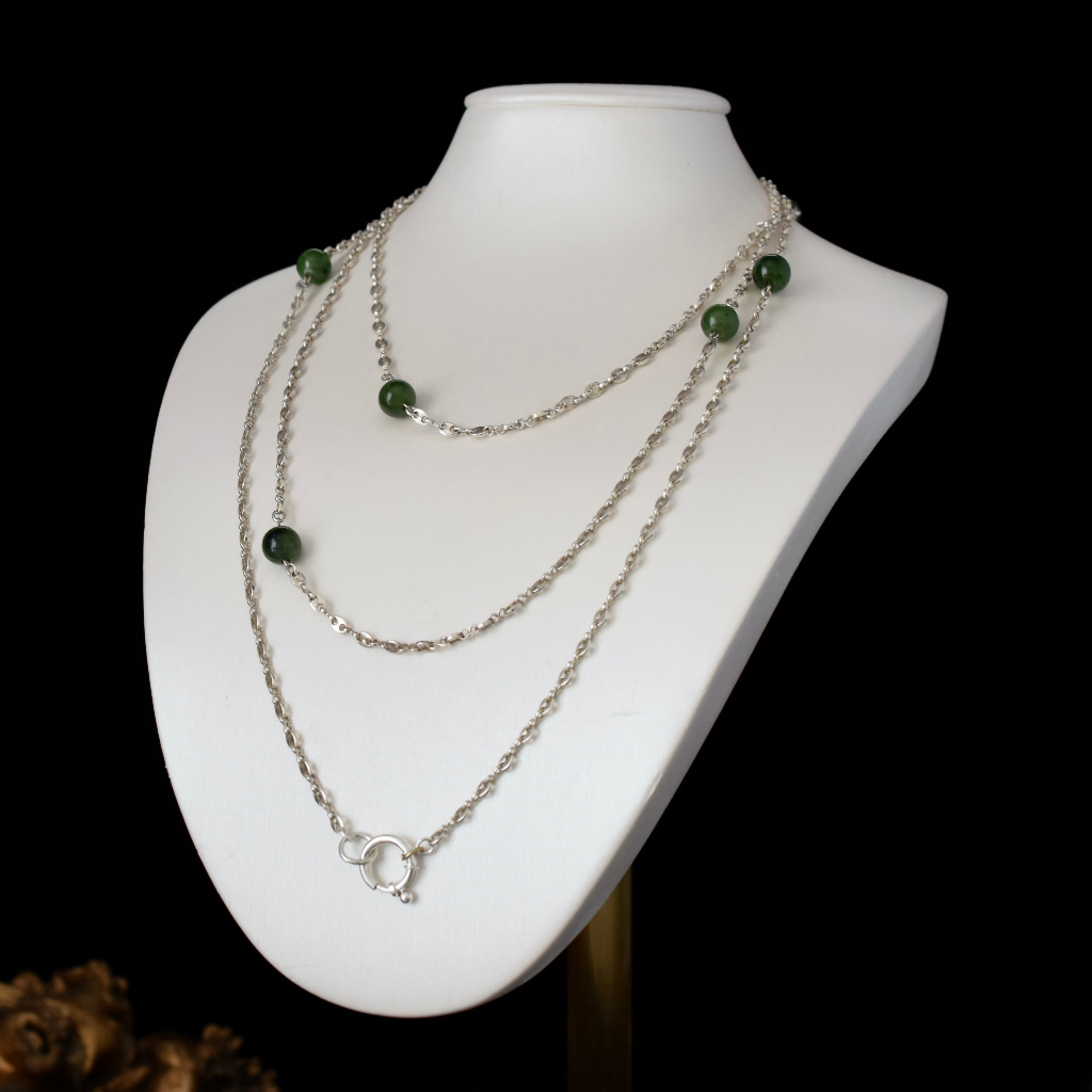 Sterling Silver And Nephrite Jade Long Guard ‘Marriner Link’ Chain 136cm