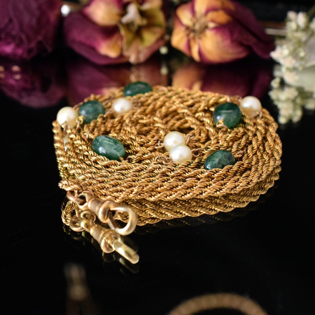 Antique Edwardian **Gold Filled** Emerald And Pearl Long Guard Chain Circa 1920