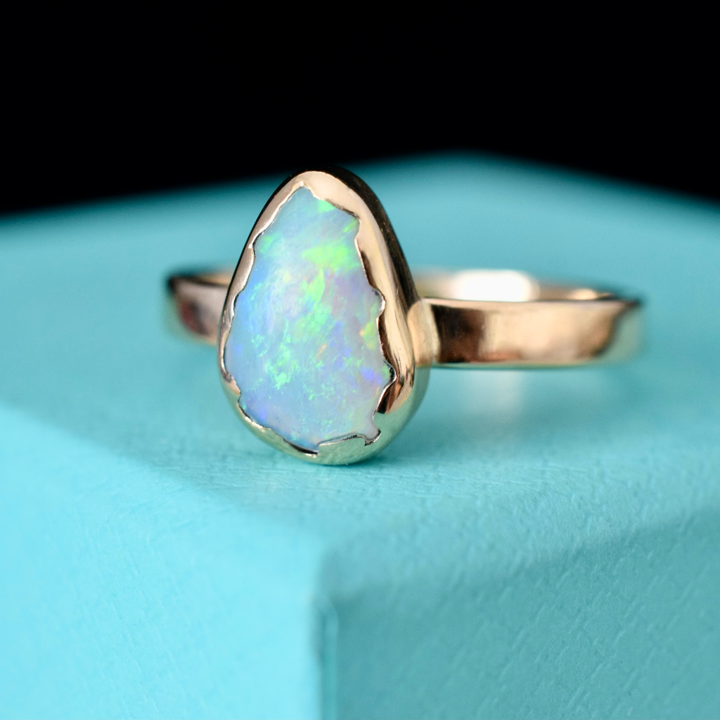 Modern 9ct Rose Gold Free Form Natural White Crystal Opal Ring