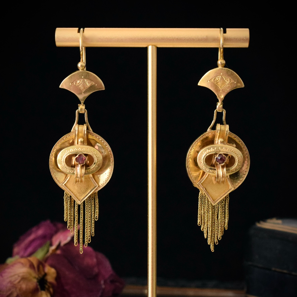Antique Victorian 18ct Yellow Gold Garnet Fringe Earrings Circa 1880