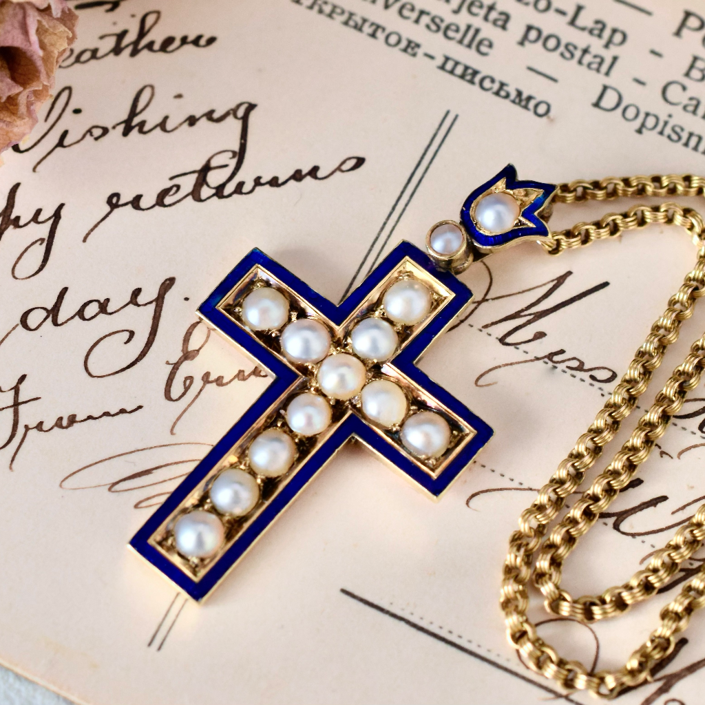 Antique Victorian 15ct Yellow Gold Blue Enamel And Pearl Cross Circa 1870-1890