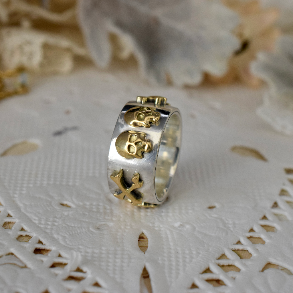 Bespoke 900 Silver And 9ct Yellow Gold ‘Skull & Cross Bones’ Ring