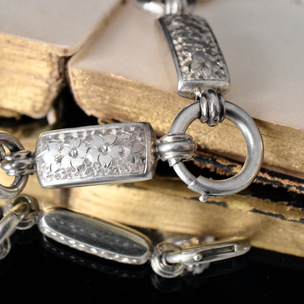 Antique Victorian Sterling Silver  ‘In Memory Of’ Enamel Locket and Floral Engraved Bookchain Circa 1890