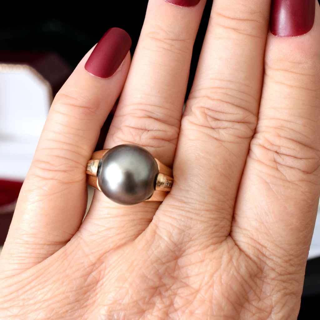 Modern 14ct Yellow Gold Tahitian Pearl And Diamond Ring