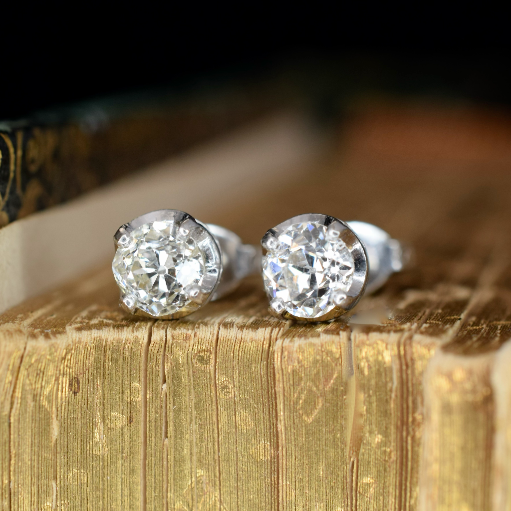 Modern 18ct White Gold ‘Old Mine Cut’ Diamond Solitaire Earrings - 1.12ct
