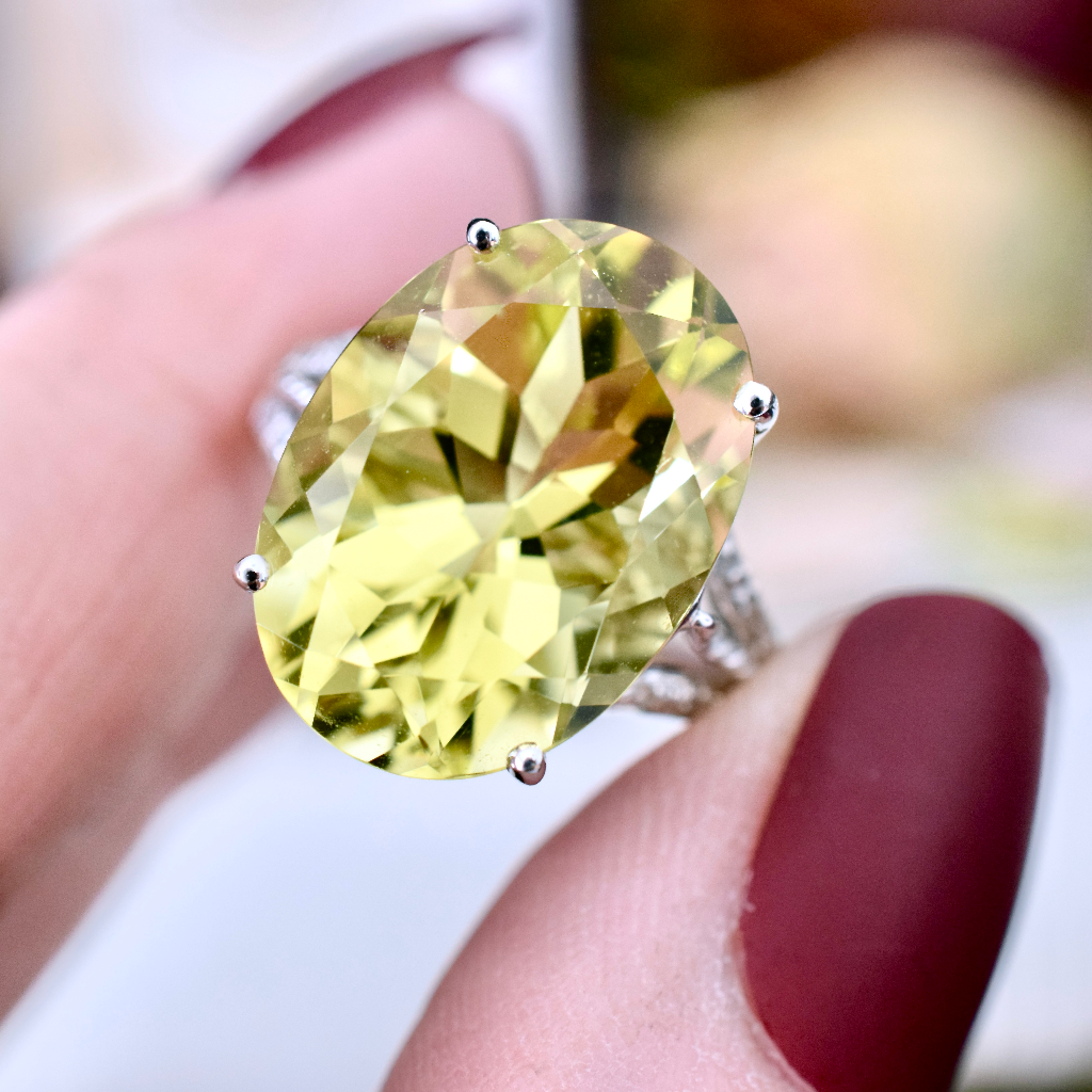 Modern 9ct White Gold Lemon Quartz And Diamond Ring