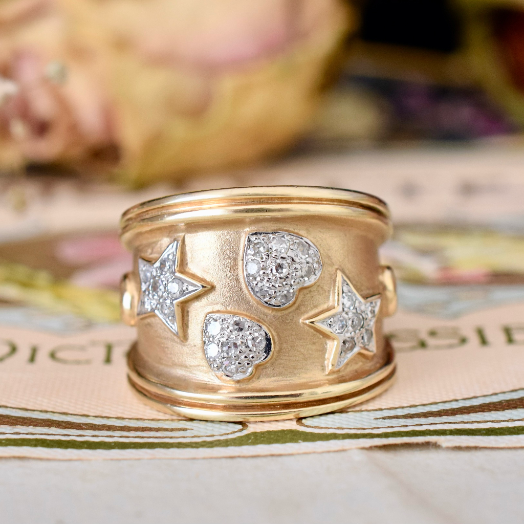 Modern 9ct Yellow Gold Wide ‘Hearts And Stars’ Diamond Ring