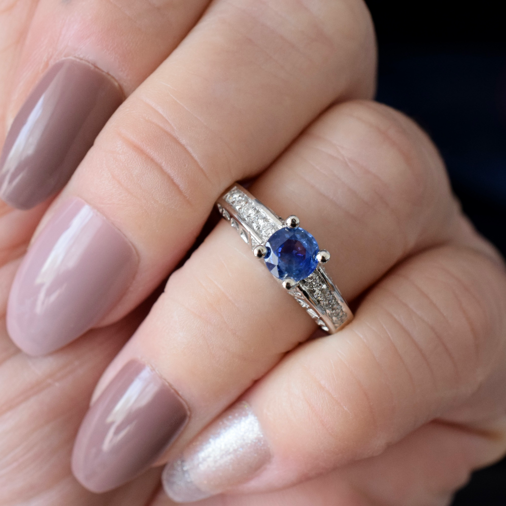 Modern 18ct White Gold Ceylon Sapphire And Diamond Ring Independent Valuation Included In Purchase For $4,850 AUD