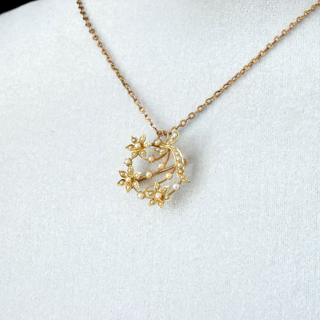Antique Australian 15ct Yellow Gold Floral Seed Pearl Pendant/Brooch By Willis And Sons