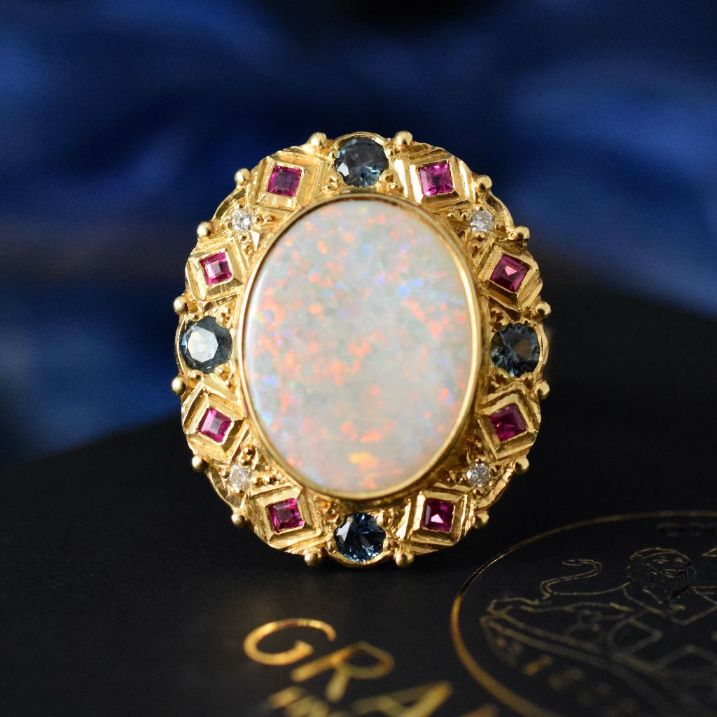 Modern 18ct Yellow Gold Opal, Diamond, Sapphire And Ruby Ring