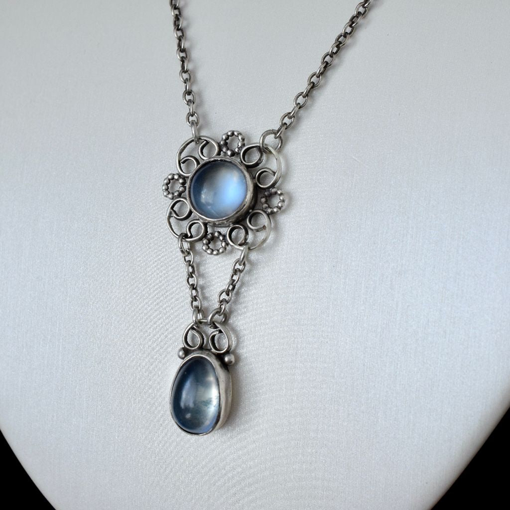 Antique Arts & Crafts Sterling Silver And Moonstone Pendant Necklace Circa 1915