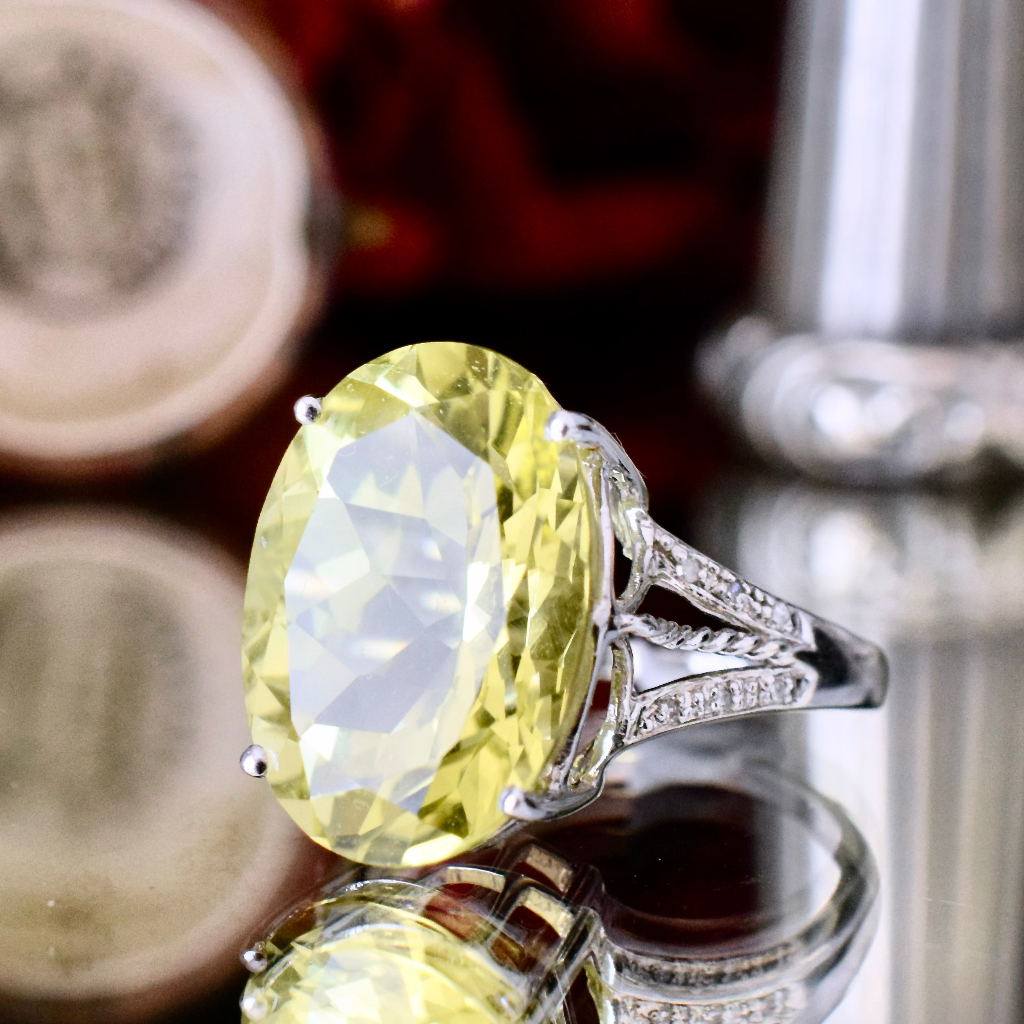 Modern 9ct White Gold Lemon Quartz And Diamond Ring